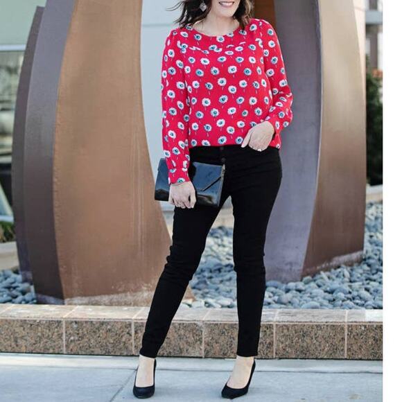 J. Crew Red Longfellow Floral Boatneck Top Blouse XS Red Long Sleeve K4901 - Picture 3 of 12